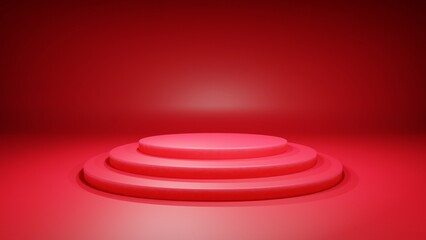 Obraz premium Blank red stand for showing product 3d render, empty red background and stand display for concept, red background with stand