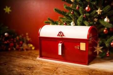 a red Christmas decoration-adorned vintage mailbox placed to the right of the frame against a red Christmas decoration-adorned wall background.