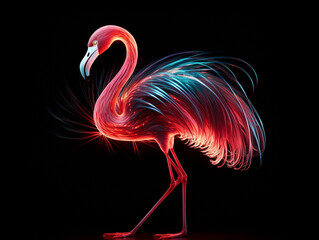 A Geometric Flamingo Made of Glowing Lines of Light on a Solid Black Background