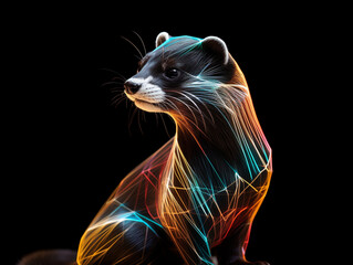 A Geometric Ferret Made of Glowing Lines of Light on a Solid Black Background
