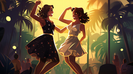 Illustration of a two pretty girls dancing in a disco on a summer night. Generation AI
