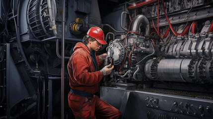 A marine engineer working on the engine of a large cargo ship.