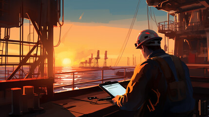 A marine engineer is using a tablet to monitor weather conditions on an offshore oil rig.