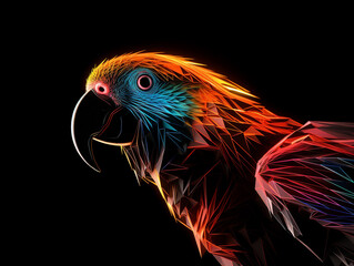 Fototapeta premium A Geometric Parrot Made of Glowing Lines of Light on a Solid Black Background