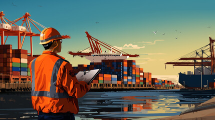 A marine engineer with blueprint look at the container ship at port
