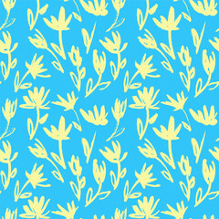 Dry Brush Flower Seamless Blue and Yellow Pattern