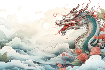 雲の中を飛ぶ鮮やかな緑と白の鱗で覆われ、赤い炎のような髪が頭から伸びている龍