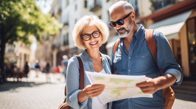 Senior woman reading map while standing with partner in city during vacation. Married senior aged man and woman looking for touristic location enjoying summer holidays together. Retirement