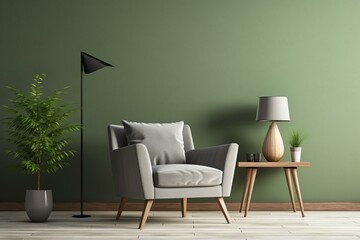 Mockup of a green-walled living room with a gray armchair and decorative items. Generative AI