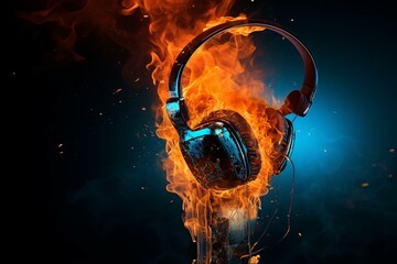 Image depicts a melting microphone with headphones engulfed in flames, symbolizing the destruction of music technology. Generative AI - obrazy, fototapety, plakaty