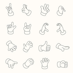 Hand Gestures Line Icons. Groovy character hand shows finger gestures. Set of realistic gestures hand shape.