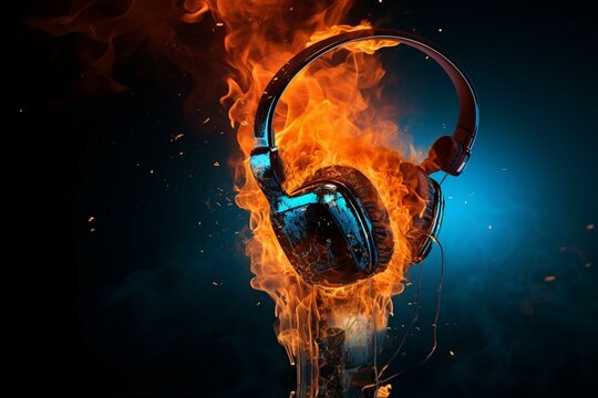 Image depicts a melting microphone with headphones engulfed in flames, symbolizing the destruction of music technology. Generative AI