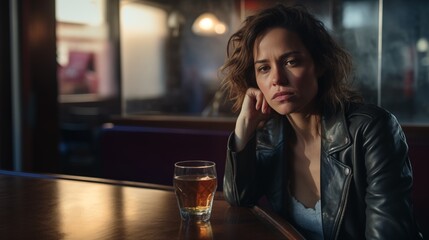 Traurige junge Frau sitzt allein im Restaurant mit einem Getränk - obrazy, fototapety, plakaty