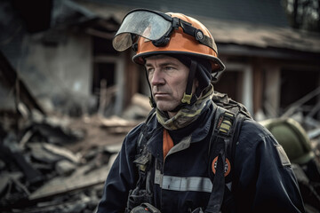 Naklejka premium Rescue man in helmet helping on ruined house after disaster in war zone. AI Generative