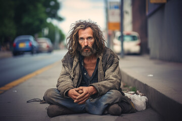 portrait of American homeless man sitting on curb on street