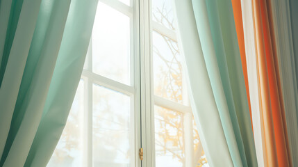 Beautiful new tulle curtains hang on the living room window. Premium fabrics for curtains hanging on the curtain rod. 