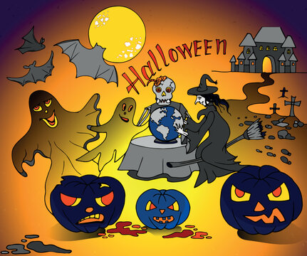 Halloween illustration in cartoon style, with a witch, zombies, ghosts, bats, pumpkins and an ancient castle. A vector image is good for banners, flyers, invitations, etc.