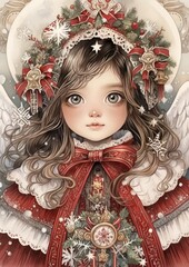 cute nostalgic christmas angel, suitable for greeting cards -  ai-generated