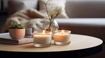 Obraz na płótnie Canvas Decorative scented soy candles for the home. Cozy and comfortable burning aroma candle. 