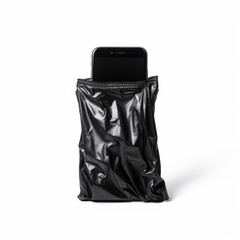 A smartphone sticking out of a crumpled black bag on a white background.