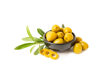 Delicious green olives isolated on white background. Olive and olive tree branches on a white...