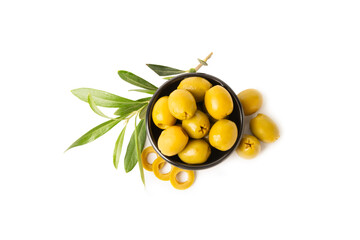 Delicious green olives isolated on white background. Olive and olive tree branches on a white...