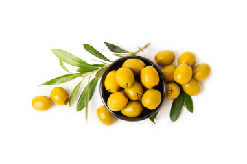 Delicious green olives isolated on white background. Olive and olive tree branches on a white...