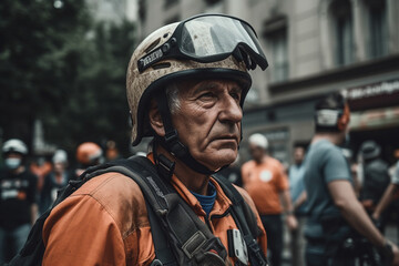 Obraz premium Portrait of rescue service service man in helmet helps people after disaster. AI Generative