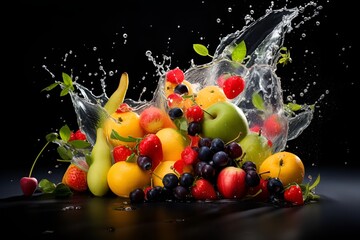 Falling bright fruits in water drops at dark background