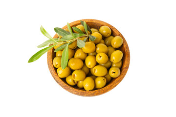 Delicious green olives isolated on white background. Olive and olive tree branches on a white...