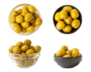Delicious green olives isolated on white background. Olive and olive tree branches on a white...