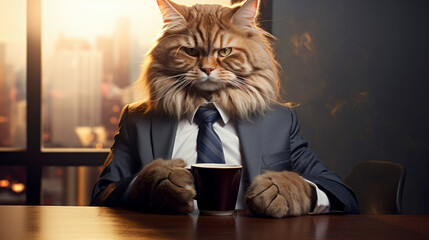 Funny cat dressed as an office employee. Serious, beautiful cat in a business suit. Concept of business, employment, office lifestyle, success, career. Creative design