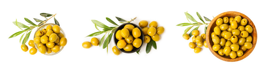 Delicious green olives isolated on white background. Olive and olive tree branches on a white...
