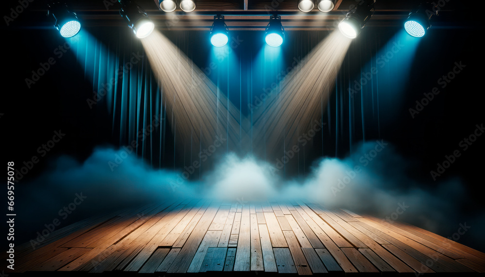 Poster empty stage background with spotlights and smoke. generative ai