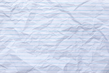 Top view empty rumpled lined paper with wrinkled. Notebook lined paper background and texture.