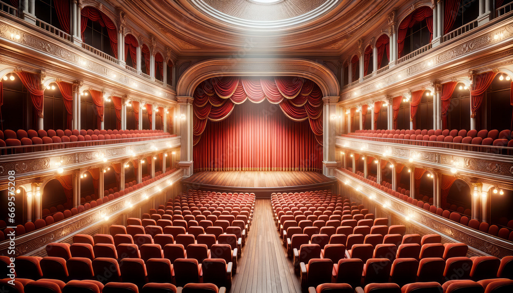 Poster theater stage with red seats and lighting. generative ai