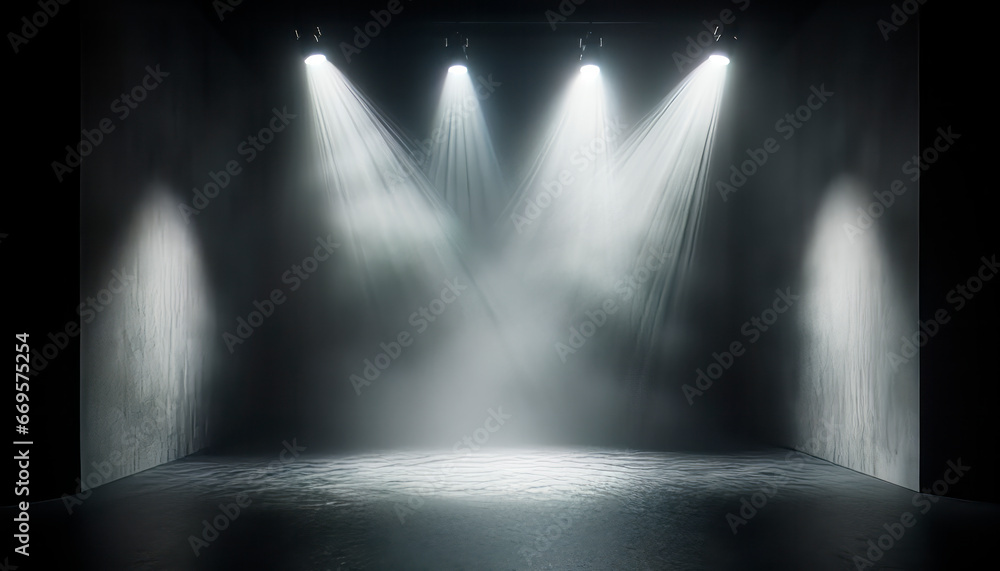 Poster Stage illuminated by spotlights. Abstract background. Mockup. Generative AI
