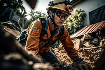 Fototapeta premium Rescue service man in protective helmet clears rubble of house after natural disaster. AI Generative
