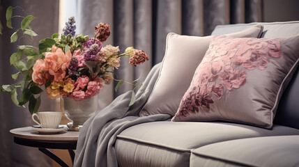 Soft cushions on the sofa in the living room, soft pastel colors. Comfort for home and sleep. Bedding and accessories for the bedroom.