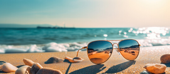 Fototapeta na wymiar Sunglasses and Serene Waves a Beach with Ocean View