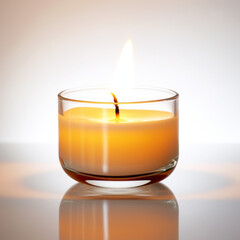 Lit scented candle in glass holder, warm glow, reflective surface.