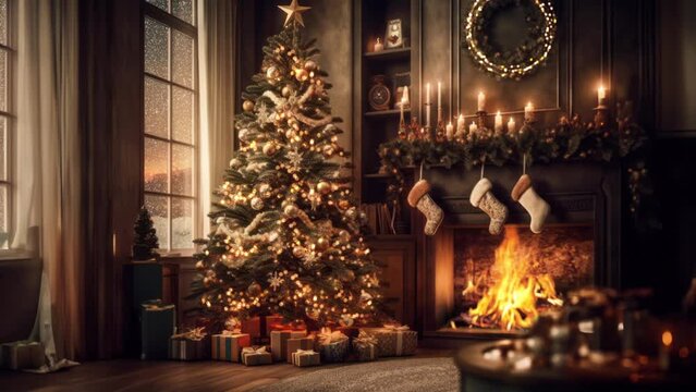 The Christmas spirit comes alive in this picturesque scene, showcasing a charmingly wrapped gift in the foreground, and a beautifully decorated Christmas tree and a cozy fireplace, both aglow with the