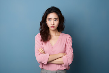 Obraz premium Closeup asian woman with worries anCloseup young asian woman with worries and frustrate face, selective focusd frustrate face, selective focus