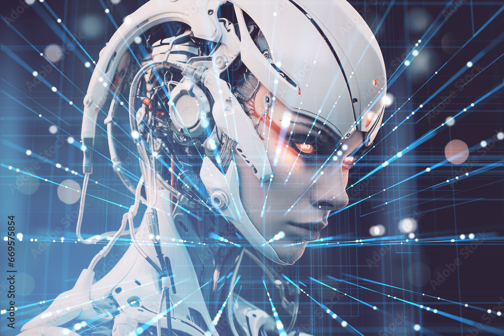 Aufkleber Portrait of female robot with double exposure of network hologram. Generative AI