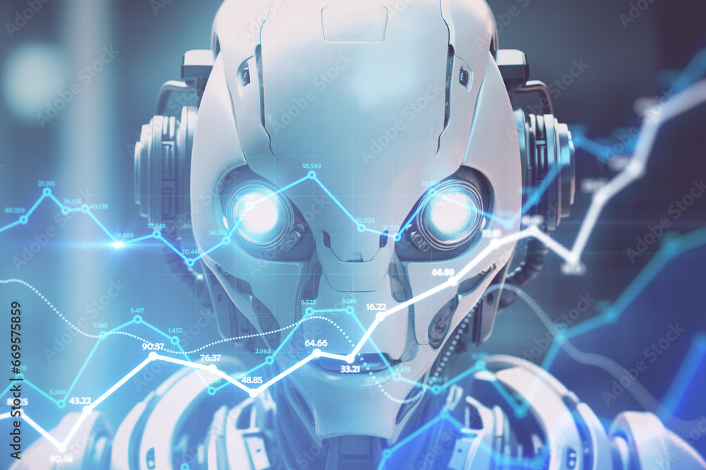 Poster Close up view of robot with glowing forex chart. Trade concept. Generative AI