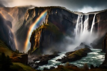 A majestic waterfall cascading down a rugged cliff face, surrounded by mist and rainbows.