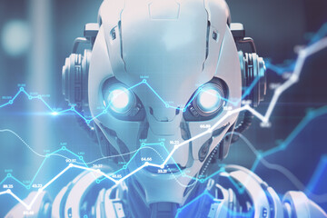 Close up view of robot with glowing forex chart. Trade concept. Generative AI