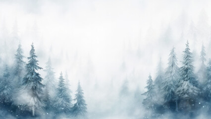 Fototapeta na wymiar Mountain forest in winter with pine trees covered with dense snowfall. Landscape with copy space