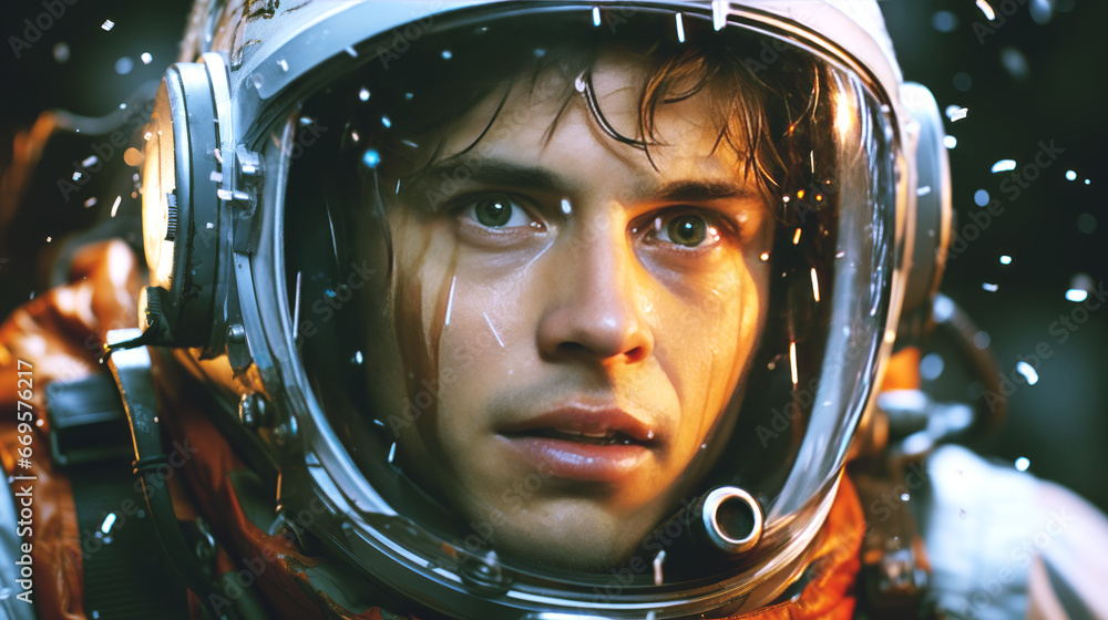Poster portrait of a young man in an astronaut helmet. space theme. generative ai