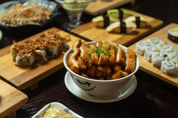 closeup of various japanese food dishes